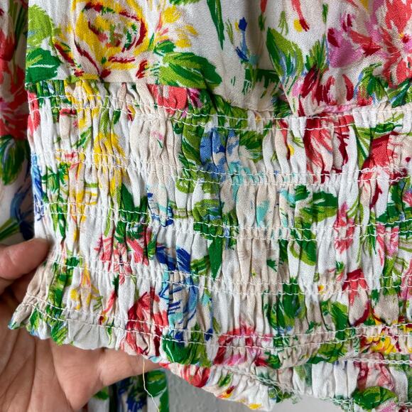 Afrm Cropped Floral Top Womens 1X Pink Green Balloon Long Sleeve Smocked - Picture 13 of 13